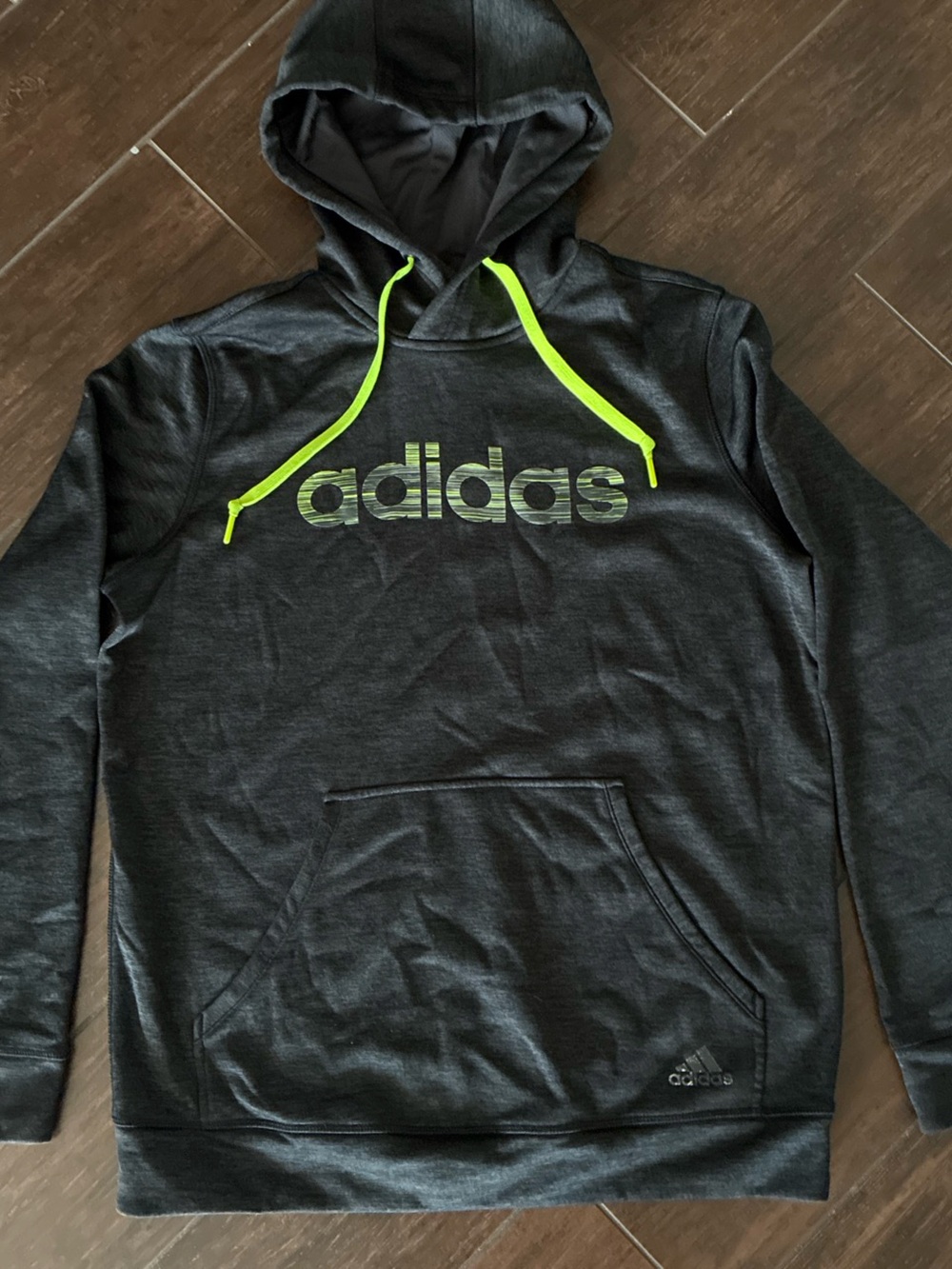 NWOT Black Heather Adidas Hoodie with Neon Logo & Drawstrings. Men’s size large